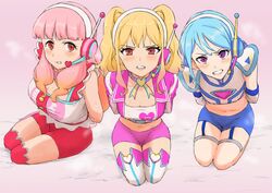  3girls aikatsu!_(series) aikatsu_friends! aikatsu_on_parade! aikatsu_stars! bike_shorts blonde_hair blue_hair blue_shorts blush breasts choker cleavage clenched_teeth flat_chest gradient_hair half-closed_eyes headphones headset highres kneeling large_breasts looking_at_viewer microphone midriff minato_mio multicolored_hair multiple_girls navel nijino_yume osame pink_background pink_hair pink_shorts purple_choker purple_eyes red_eyes red_legwear red_shorts restrained robot_ears sanpaku shirt shorts sweat teeth thighhighs twintails white_legwear white_shirt yuki_aine 