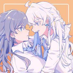  2girls antenna_hair black_hair blue_eyes blue_necktie braid closed_mouth earrings fu_hua highres honkai_(series) honkai_impact_3rd in_mouth jewelry kiana_kaslana long_hair long_sleeves looking_at_another mouth_hold multiple_girls necktie necktie_in_mouth open_mouth orange_background polo_shirt shirt tanghc175 teeth white_hair white_shirt yuri 