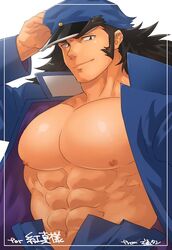  1boy abs adjusting_clothes adjusting_headwear bara belt black_eyes black_hair commission framed gakuran hat jacket large_pectorals long_hair long_sideburns looking_at_viewer male_focus manly muscular muscular_male navel nipples open_clothes open_jacket osu!_banchou pants pectorals school_uniform sideburns skeb_commission solo sugo6969 thick_eyebrows todoroki_kongou topless_male upper_body white_background 