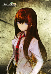  absurdres belt blue_eyes breast_pocket brown_hair closed_mouth coat collared_shirt copyright_name female formal highres huke lab_coat lapels long_hair long_sleeves looking_at_viewer magazine_scan makise_kurisu megami_magazine megami_magazine_creators necktie non-web_source official_art pants pocket purple_eyes red_necktie ringed_eyes scan shirt smile solo steins;gate suit white_shirt 