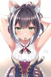  absurdres animal_ear_fluff animal_ears armpits arms_up bare_shoulders black_hair blush breasts brooch cat_ears cat_girl cat_tail closed_mouth commentary_request female green_eyes hair_between_eyes hair_tie highres jewelry karyl_(princess_connect!) kijibato_123-gou looking_at_viewer mouth_hold multicolored_hair princess_connect! sleeveless solo streaked_hair sweat tail tying_hair white_hair 