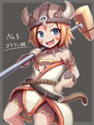  :d armlet bare_shoulders belt blue_eyes border bright_pupils brown_headwear brown_shorts commentary_request facepaint fake_horns fangs female flat_chest gloves gob_(mon-musu_quest!) grey_background grey_border grey_gloves hammer helmet highres holding holding_hammer holding_weapon horned_helmet horns jewelry looking_at_viewer mon-musu_quest! monster_girl necklace open_mouth orange_hair outline over_shoulder partial_commentary raichi_(ddq0246) rope_belt short_hair shorts sidelocks simple_background single_horn smile solo standing weapon weapon_over_shoulder white_outline 