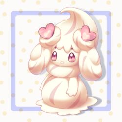  :o alcremie alcremie_(love_sweet) alcremie_(vanilla_cream) bad_id bad_pixiv_id commentary_request full_body hime_takeo no_humans pokemon pokemon_(creature) polka_dot polka_dot_background purple_eyes solo standing white_background 