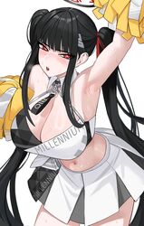  alternate_hairstyle arm_up armpits black_hair blue_archive blush breasts breath character_name cheerleader cleavage commentary cosplay crop_top ddog female hair_ornament hair_ribbon halo highres large_breasts long_hair looking_at_viewer millennium_cheerleader_outfit_(blue_archive) navel parted_lips pleated_skirt pom_pom_(cheerleading) red_eyes red_ribbon ribbon rio_(blue_archive) sidelocks simple_background skirt solo sweat twintails very_long_hair white_background 