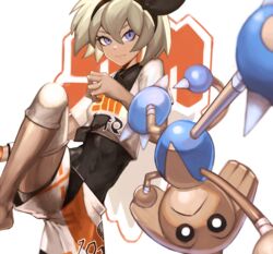  bad_id bad_pixiv_id barefoot bea_(pokemon) black_bodysuit blue_eyes bodysuit bodysuit_under_clothes breasts closed_mouth commentary cowboy_shot dark-skinned_female dark_skin eyelashes female grey_hair hair_between_eyes hairband highres hitmontop knee_pads knee_up looking_at_viewer pokemon pokemon_(creature) pokemon_swsh shirt short_hair short_shorts short_sleeves shorts simple_background small_breasts sweatband tied_shirt upside-down white_background white_shirt white_shorts wristband ziu 