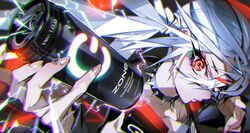  black_collar can chromatic_aberration close-up collar collarbone dive_to_zone electricity eyepatch eyepatch_pull eyeshadow female fingernails glowing hair_ornament headphones headphones_around_neck highres holding holding_can makeup power_symbol product_girl red_eyes solo spiked_collar spikes white_hair yoneyama_mai zonko 