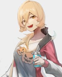  bad_id bad_pixiv_id blonde_hair blush breasts commentary drink female grey_background hair_between_eyes jack-o&#039;-lantern_print jacket long_hair looking_at_viewer medium_breasts nijisanji nui_sociere nui_sociere_(2nd_costume) oerba_yun_fang open_clothes open_jacket open_mouth ponytail red_jacket scrunchie shirt simple_background smile solo t-shirt upper_body virtual_youtuber white_shirt yellow_eyes ziu 