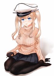  absurdres black_gloves blonde_hair blue_eyes breasts commentary_request covered_nipples female full_body gloves graf_zeppelin_(kancolle) hat highres kantai_collection kutouten large_breasts military_hat mimikaki miniskirt no_shoes pantyhose peaked_cap pleated_skirt ribbed_sweater sidelocks skirt solo sweater turtleneck turtleneck_sweater twintails 