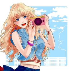  blonde_hair blue_eyes bracelet breasts camera earrings female holding jewelry large_breasts long_hair looking_at_viewer macross macross_frontier midriff_peek nail nail_polish navel sechi_(stst1850) sheryl_nome smile solo 