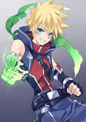  1boy bare_shoulders belt belt_buckle black_gloves blonde_hair blue_eyes bracelet buckle elbow_gloves fingerless_gloves gloves glowing glowing_hand gradient_background green_scarf highres jewelry kirimi_maguro kyle_dunamis male_focus ring scarf smile solo tales_of_(series) tales_of_destiny_2 tales_of_the_rays teeth thumb_ring 