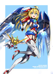  black_gloves blonde_hair cowlick female gloves green_eyes gundam gundam_wing high_heels highres humanization i.takashi mecha_musume mechanical_wings open_mouth science_fiction solo thrusters v-fin variant_set wing_gundam_zero wings 