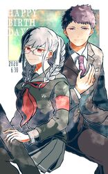  1boy black_hair black_jacket black_pants black_serafuku black_shirt braid breasts closed_mouth collared_shirt commentary_request danganronpa:_trigger_happy_havoc danganronpa_(series) danganronpa_2:_goodbye_despair dated female formal glasses happy_birthday holding jacket kiri_(2htkz) kirigiri_jin large_breasts long_hair long_sleeves looking_at_viewer neckerchief necktie pants pantyhose pekoyama_peko pleated_skirt purple_necktie red_eyes red_neckerchief sailor_collar school_uniform serafuku shirt short_hair sitting skirt smile twin_braids very_short_hair white_background 