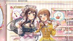  2girls :d apron aqua_eyes assault_lily blurry blurry_background blush bow breasts brown_bow brown_hair buttons chiro_(chi-bu-ko) cleavage cleavage_cutout clothing_cutout commentary_request compact_(cosmetics) cosmetics dress floating_hair flower frilled_sleeves frills grey_dress grey_eyes hair_ornament hairbow hands_up high_ponytail highres holding holding_compact holding_lipstick_tube iijima_renka indoors jewelry lipstick_tube locked_arms long_hair long_sleeves looking_at_object low_ponytail maid maid_headdress medium_breasts mirror multiple_girls nail_polish_bottle neck_ribbon necklace notice_lines official_alternate_costume official_art open_mouth pendant pink_flower ponytail ribbon serizawa_chikaru side-by-side side_ponytail smile sparkle speech_bubble spoken_object standing star_(symbol) star_hair_ornament stool swept_bangs table upper_body vanity_table very_long_hair waist_apron watermark white_apron white_flower yellow_dress yellow_flower yellow_ribbon 