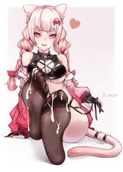  animal_ear_fluff animal_ears bad_id bad_pixiv_id black_legwear cat_ears cat_girl cat_tail crop_top cum cum_on_body cum_on_feet feet female foot_focus foreshortening gloves highres long_hair midriff no_shoes original pink_eyes pink_hair senjouhara_nira soles solo tail toes twintails 