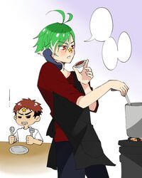  2boys antenna_hair apron bad_id bad_twitter_id black_apron black_hair blank_speech_bubble blue_background blue_pants blush brown_hair clenched_teeth commentary cooking_pot cradling_phone daimonji_ryugon english_commentary facial_mark fork gradient_background green_hair highres holding holding_fork holding_spoon male_focus multicolored_hair multiple_boys multitasking nanri_(majiyamudaze) nose_blush open_mouth pants plate red_eyes red_shirt satou_(daimonji_ryugon) shirt simple_background speech_bubble spoon star_(symbol) stirring stove table talking_on_phone teeth two-tone_hair virtual_youtuber voms white_background white_hair white_shirt 