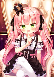  :d ahoge bare_shoulders black_bow black_skirt blush bow center_frills collared_shirt commentary_request crossed_legs crown detached_sleeves feet_out_of_frame female frilled_skirt frills green_eyes hairbow hand_up highres index_finger_raised long_hair looking_at_viewer mini_crown oerba_yun_fang original pink_hair puffy_short_sleeves puffy_sleeves shirt short_sleeves sitting skirt sleeveless sleeveless_shirt smile solo suspender_skirt suspenders thighhighs throne tilted_headwear two_side_up v-shaped_eyebrows very_long_hair white_shirt white_sleeves white_thighhighs yata_(yatao_zzz) 