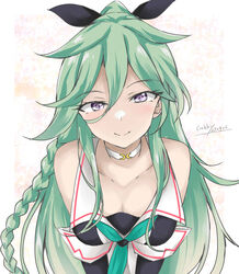  artist_name black_gloves black_ribbon black_serafuku braid breasts cleavage dated elbow_gloves female gakky gloves green_eyes green_hair green_neckerchief hair_between_eyes hair_flaps hair_ornament hair_ribbon hairclip highres kantai_collection large_breasts long_hair neckerchief ponytail ribbon school_uniform serafuku side_braids signature simple_background twin_braids upper_body white_background yamakaze_(kancolle) yamakaze_kai_ni_(kancolle) 