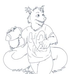  2022 adam_jones anthro ball binturong black_and_white blue_and_white bottomwear clothing ear_tuft gridiron_ball hi_res line_art long_tail male mammal monochrome number pants prehensile_tail shirt simple_background smile solo sport tail topwear tuft unknown_artist viverrid white_background 