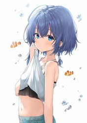  ahoge air_bubble bare_shoulders blue_eyes blue_hair blush braid bubble camisole clothes_lift clownfish female fish hair_between_eyes highres kanaria_hisagi looking_at_viewer midriff misakino_kukuru navel shiroi_suna_no_aquatope shirt_lift short_hair side_braid simple_background solo sweat tropical_fish upper_body white_camisole 