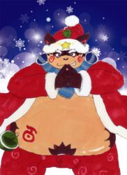  2015 anthro belly bottomwear canid canine christmas christmas_clothing christmas_headwear clothing hat headgear headwear holidays humanoid_hands kemono male mametanu_tanuki mammal momochi_sandayuu overweight overweight_anthro overweight_male pants pubes raccoon_dog santa_hat scarf sengoku_puzzle snow solo tanuki 