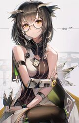  absurdres arknights armband bare_shoulders black_thighhighs brown_hair commentary_request female glasses grey_background highres hiyaori_(hiyahiyaval) infection_monitor_(arknights) looking_at_viewer shirt short_hair silence_(arknights) sitting sleeveless sleeveless_shirt solo thighhighs yellow_eyes 