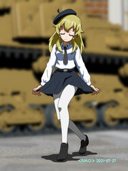  3d_background anzio_school_uniform artist_name belt beret black_belt black_footwear black_hat black_necktie black_skirt blonde_hair blurry blurry_background carpaccio_(girls_und_panzer) closed_eyes closed_mouth commentary curtsey dated depth_of_field dress_shirt facing_viewer female girls_und_panzer hat highres loafers long_hair long_sleeves miniskirt mixed_media naotosi necktie pantyhose pleated_skirt school_uniform shadow shirt shoes skirt skirt_hold smile solo standing white_pantyhose white_shirt wing_collar 