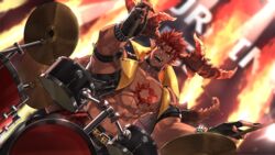  1boy abs bara bellsaltr black_nails blurry blurry_background chest_tattoo commentary_request curled_horns dark-skinned_male dark_skin demon_boy demon_horns drum drumming drumsticks fangs fangs_out fingernails highres holding holding_drumsticks horns ifrit_(housamo) instrument jacket large_pectorals leather leather_jacket male_focus muscular muscular_male nipples open_mouth pectorals pointy_ears red_eyes sharp_fingernails short_hair smile solo spiked_hair stomach sweat tail tattoo tokyo_afterschool_summoners 