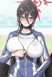  amyu_(amm_asl_pa) black_choker black_hair black_wings blue_archive blue_jacket blush breasts choker feathered_wings female gym_shirt gym_uniform hair_between_eyes halo hasumi_(blue_archive) hasumi_(track)_(blue_archive) highres huge_breasts jacket large_wings long_hair low_wings mole mole_under_eye official_alternate_costume open_mouth partially_unzipped ponytail red_eyes red_halo shirt solo sweat track_jacket whistle whistle_around_neck white_shirt wings 