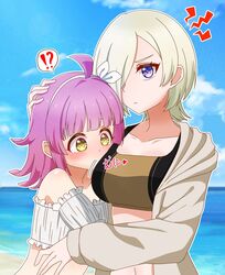  !? 2girls :&lt; ahoge beach bikini black_bikini blonde_hair blue_sky blunt_bangs blunt_ends blush breasts cloud collarbone commentary_request day detached_sleeves eyelashes flat_chest frilled_bikini frills hair_over_one_eye hairband hand_on_another&#039;s_head heart highres hug jacket long_sleeves looking_at_breasts looking_at_viewer love_live! love_live!_nijigasaki_high_school_idol_club medium_breasts medium_hair mia_taylor multiple_girls ocean open_clothes open_jacket outdoors pink_hair purple_eyes serious sidelocks sky speech_bubble swimsuit tanutika tennoji_rina track_jacket upper_body white_bikini white_hairband white_jacket 