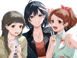  3girls :d ahoge blue_eyes blue_hair blue_jacket blue_shirt bow braid braided_bangs breasts brown_eyes brown_hair cleavage earrings fuuraiki fuuraiki_4 grey_jacket grin hairbow hand_up hands_up heterochromia highres jacket jewelry kotatiyu looking_at_viewer mole mole_under_eye mole_under_mouth mori_chiari multiple_girls necklace nippon_ichi open_clothes open_jacket open_mouth ponytail red_bow shirt simple_background sleeveless sleeveless_shirt smile strapless striped_clothes striped_shirt tube_top unose_shizuru v white_background yuhara_hiyo 