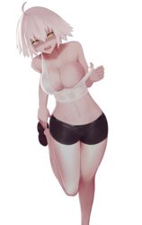  absurdres ahoge bad_id bad_pixiv_id bike_shorts breasts cleavage commentary english_commentary fate/grand_order fate_(series) female groin hair_between_eyes highres jeanne_d&#039;arc_alter_(avenger)_(fate) jeanne_d&#039;arc_alter_(fate) large_breasts navel off_shoulder open_mouth shaded_face short_hair solo sports_bra standing standing_on_one_leg strap_pull sweat white_background white_hair white_sports_bra yellow_eyes zaki_(zaki_btw) 