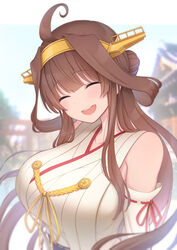  ahoge blurry breasts brown_hair closed_eyes contllenge depth_of_field detached_sleeves double_bun female hair_bun hairband headgear highres japanese_clothes kantai_collection kongou_(kancolle) large_breasts long_hair open_mouth ribbon-trimmed_sleeves ribbon_trim smile solo teeth upper_body upper_teeth_only 