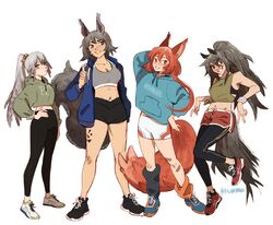  4girls alt_text alternate_costume animal_ears arknights ashlock_(arknights) asymmetrical_legwear black_footwear black_pants black_shorts blue_footwear blue_jacket blue_sweater blush bright_pupils casual commentary cropped_sweater english_commentary fartooth_(arknights) feather_hair flametail_(arknights) green_shirt green_sweater grey_eyes grey_hair grey_sports_bra grin hawberries hood hooded_sweater horse_ears horse_girl horse_tail jacket leg_warmers long_hair long_sleeves material_growth midriff mismatched_legwear multiple_girls navel open_clothes open_jacket oripathy_lesion_(arknights) pants pants_under_shorts ponytail red_eyes red_footwear red_hair red_shorts shirt shoes short_hair shorts simple_background smile sports_bra squirrel_ears squirrel_girl squirrel_tail sweater tail white_background white_footwear white_pupils white_shorts wild_mane_(arknights) 