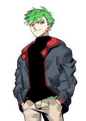  1boy absurdres black_shirt blue_jacket brown_pants commentary daimonji_ryugon english_commentary facial_mark green_hair hands_in_pockets highres hjjeon02 hood hooded_jacket jacket male_focus multicolored_hair pants red_eyes shirt simple_background smile solo star_(symbol) turtleneck two-tone_hair virtual_youtuber voms white_background white_hair 