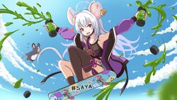  animal_ears bad_id bad_pixiv_id blue_archive casual cloud collarbone commentary_request daiz_(nodadaiz) female full_body highres jacket liquid looking_at_viewer mouse_(animal) mouse_ears mouse_tail nezusuke_(blue_archive) oerba_yun_fang open_mouth red_eyes saya_(blue_archive) saya_(casual)_(blue_archive) skateboard skin_fang sky solo tail 