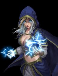  armor blue_cape breasts cape casting_spell cloak crop_top female glowing glowing_eyes gold_trim hearthstone highres hood hooded_cloak human_(warcraft) jaina_proudmoore kakipure mage_(warcraft) midriff pauldrons shoulder_armor warcraft world_of_warcraft 