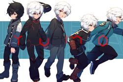  1boy :d :o age_progression arm_guards black_footwear black_gloves black_hair black_jacket black_necktie black_pants blazer blue_footwear blue_jacket blue_pants bodysuit boots buttons character_name clenched_hand clenched_hands cowlick double-breasted echo_(circa) gloves jacket knee_boots kuga_yuuma long_sleeves looking_at_viewer looking_away looking_to_the_side male_focus mikumo_squad&#039;s_uniform multiple_views necktie open_mouth outstretched_arm pants pants_tucked_in popped_collar pout profile puckered_lips puffy_pants red_eyes replica_(world_trigger) running school_uniform shoe_soles shoes short_hair smile standing uniform walking white_hair world_trigger zipper 