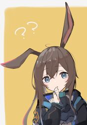  :o ? ?? ahoge amiya_(arknights) animal_ears arknights asususususu black_jacket blue_eyes brown_background brown_hair female grey_background hair_between_eyes hand_up highres hood hood_down hooded_jacket jacket long_hair long_sleeves looking_at_viewer open_clothes open_jacket parted_lips puffy_long_sleeves puffy_sleeves rabbit_ears shirt sidelocks solo two-tone_background upper_body white_shirt 