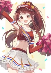  absurdres arm_up armpits blush border breasts brown_eyes brown_hair cheering cheerleader collarbone confetti crop_top cropped_shirt elbow_gloves female frilled_skirt frills gloves hair_ribbon hano9789 highres holding holding_pom_poms idolmaster idolmaster_million_live! idolmaster_million_live!_theater_days long_hair looking_at_another medium_breasts midriff navel open_mouth outside_border pleated_skirt pom_pom_(cheerleading) red_gloves red_tank_top ribbon shirt skirt smile solo standing sweat tanaka_kotoha tank_top visor_cap white_border white_skirt yellow_background yellow_ribbon 