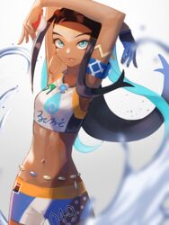  aqua_eyes aqua_hair armband armlet arms_up bad_id bad_pixiv_id bike_shorts black_hair blue_gloves blue_shorts breasts clothes_writing commentary cowboy_shot crop_top crossed_arms dark-skinned_female dark_skin earrings eyeshadow female gloves grey_background holding holding_poke_ball hoop_earrings jewelry long_hair looking_at_viewer makeup medium_breasts midriff multicolored_hair navel necklace nessa_(pokemon) open_mouth pendant poke_ball poke_ball_(basic) pokemon pokemon_swsh short_shorts shorts sidelocks simple_background single_glove smile solo two-tone_hair water ziu 