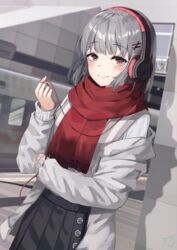  black_skirt blush brown_eyes closed_mouth female fringe_trim grey_hair grey_jacket hair_ornament hairclip hand_up headphones highres jacket md5_mismatch off_shoulder open_clothes open_jacket original pleated_skirt red_scarf ruda_(ruda_e) scarf shirt skirt smile solo train_station white_shirt 