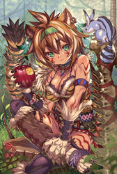  animal_ears animal_feet animal_hands apple armlet bare_shoulders black_panties body_markings breasts brown_hair cleavage clothing_aside day detached_collar earrings eating facial_mark female food fruit grass green_eyes hairband highleg highleg_panties highres holding holding_food holding_fruit jewelry kink_(tortoiseshell) medium_breasts monster_girl mushroom nature original outdoors panties pelvic_curtain pelvic_curtain_aside sandals short_eyebrows sitting solo squirrel tail thighhighs toned tree_stump tribal underwear weapon 