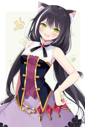  animal_ear_fluff animal_ears bad_id bad_pixiv_id bare_arms bare_shoulders black_hair blush breasts cat_ears cat_girl cat_tail commentary_request female frilled_skirt frills green_eyes grey_background hair_between_eyes hand_on_own_hip highres karyl_(princess_connect!) long_hair looking_at_viewer low_twintails multicolored_hair no_detached_sleeves oerba_yun_fang open_mouth princess_connect! purple_skirt sasahara_wakaba shirt skirt sleeveless sleeveless_shirt small_breasts solo streaked_hair tail twintails twitter_username two-tone_background very_long_hair white_background white_hair white_shirt 