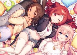  3girls ;3 animal_ears azur_lane bare_shoulders black_choker black_jacket black_shirt blonde_hair blue_eyes breasts brown_hair camisole cat_ears cat_girl cat_tail choker commentary_request crop_top crop_top_overhang dark_skin floppy_ears frilled_shirt frills grey_shorts highres i-19_(azur_lane) i-19_(pillowy_paradise)_(azur_lane) i-25_(azur_lane) i-26_(azur_lane) jacket jewelry komeshiro_kasu long_hair long_sleeves looking_at_viewer lying manjuu_(azur_lane) medium_breasts micro_shorts midriff multiple_girls navel necklace off_shoulder official_art on_back one_eye_closed open_clothes open_jacket open_mouth parted_bangs rabbit_ears red_eyes red_hair shirt short_shorts shorts smile spaghetti_strap stomach stuffed_torpedo stuffed_toy tail thighhighs thighs twintails watermark white_jacket white_shirt white_thighhighs 