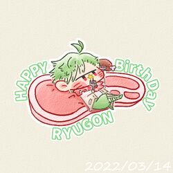  1boy antenna_hair boned_meat brown_jacket character_name chibi commentary_request crossed_legs daimonji_ryugon dated eating english_text facial_mark food fork green_hair green_pants haneuzu_miuneru_(artist) happy_birthday holding holding_fork jacket jersey logo long_sleeves lowres lying male_focus meat multicolored_hair on_back pants red_eyes red_scarf revision scarf shirt simple_background sleeveless sleeveless_jacket solo star_(symbol) steak two-tone_hair virtual_youtuber voms white_hair white_shirt yellow_background 