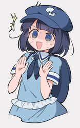  @_@ ^^^ backpack bag blue_eyes blue_hair blue_shirt collared_shirt dark_blue_hair dark_haired_kappa female flat_cap frilled_shirt frills hands_up hat highres hitodama_print medium_hair neckerchief open_mouth sasa_kichi shirt short_sleeves simple_background solo sweatdrop tears touhou upper_body white_background 