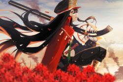  bad_id bad_pixiv_id black_hair black_hat black_pants blurry cape chains cloud cloudy_sky commentary cowboy_shot day depth_of_field fate/grand_order fate_(series) female flower from_side gloves gun hair_between_eyes hat highres katana long_hair looking_at_viewer military military_hat military_uniform oda_nobunaga_(fate) oda_nobunaga_(koha-ace) open_mouth outdoors over_shoulder pants peaked_cap profile red_cape red_eyes rifle sitting sky smoke solo sword uniform weapon weapon_over_shoulder white_gloves wings ziu 