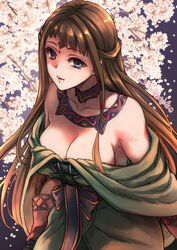  bare_shoulders blue_eyes breasts brown_hair cherry_blossoms female flower highres jewelry long_hair shiho_(valkyrie_profile) sutehiko tree valkyrie_profile_(series) 