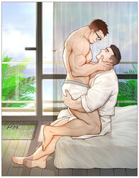  2boys absurdres ass_grab balcony bara bare_pectorals bed black_hair blue-framed_eyewear boxers brown_hair couple eye_contact facial_hair full_body hands_on_another&#039;s_face head_tilt highres indoors large_pectorals looking_at_another male_focus male_underwear multiple_boys muscular muscular_male naked_robe nipples on_bed original pectorals peterhl robe short_hair stomach stubble thick_thighs thighs topless_male undercut underwear underwear_only white_male_underwear window wooden_floor yaoi 