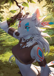  anthro armband arylena_(character) blue_eyes bottomwear branch breasts canid canine canis claws clothing crop_top fangs feathers female forest fur fur_markings gloves grass handpaw handwear heterochromia hi_res jewelry leaf looking_at_viewer mammal markings necklace pawpads paws plant red_eyes shirt solo teeth topwear tree tribal white_body white_fur wildering wolf 